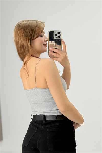 Gri İp Askılı Crop Bluz