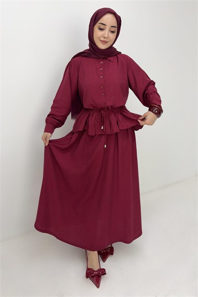Bordo İp Kuşaklı Etekli Takım