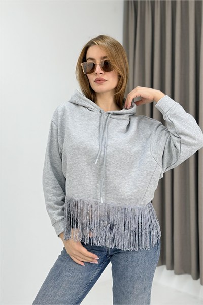 Gri Saçaklı Kapüşonlu Sweatshirt