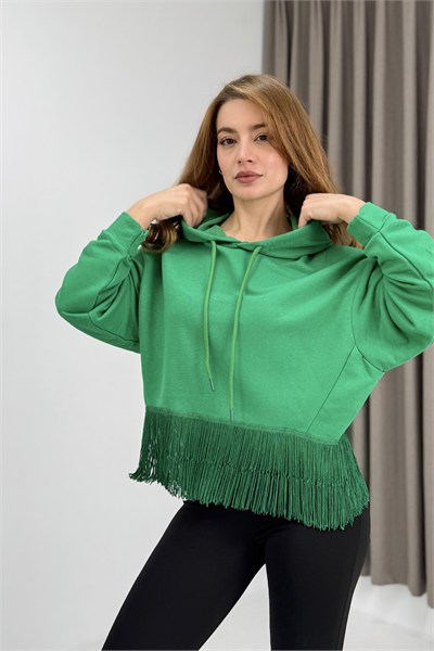 Yeşil Saçaklı Kapüşonlu Sweatshirt