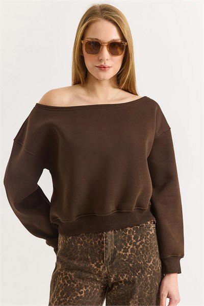 Kahverengi Kayık Yaka Sweatshirt