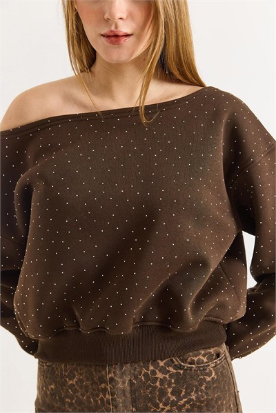 Kahverengi Taşlı Kayık Yaka Sweatshirt