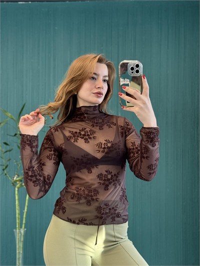 Kahverengi Çiçekli Transparan Bluz