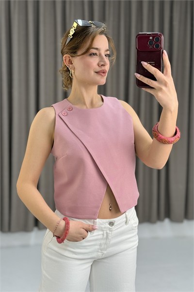 Pembe Önden Yırtmaçlı Askılı Yelek