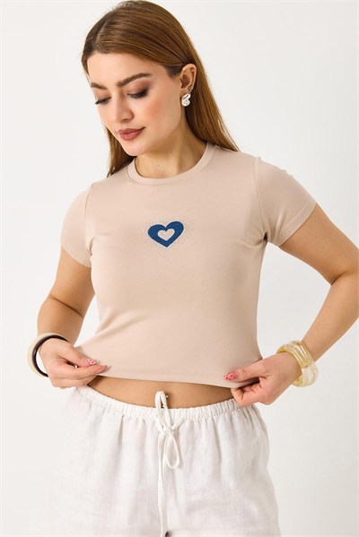 Bej Kalp Nakışlı Crop Bluz