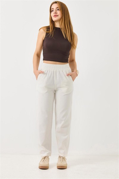 Beyaz Beli Lastikli Mom Pantolon