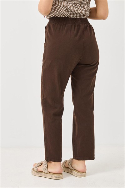 Kahverengi Beli Lastikli Mom Pantolon