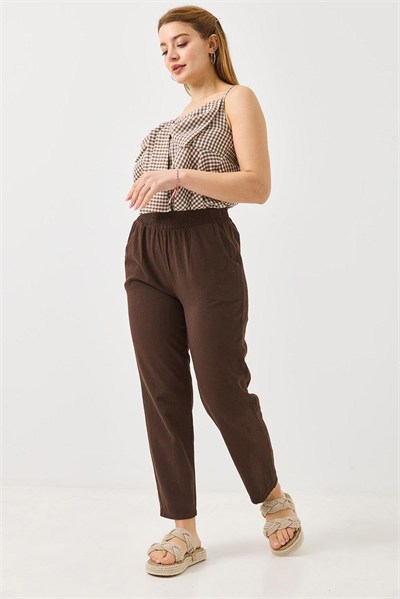 Kahverengi Beli Lastikli Mom Pantolon