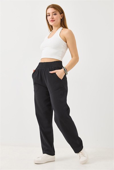 Siyah Beli Lastikli Mom Pantolon