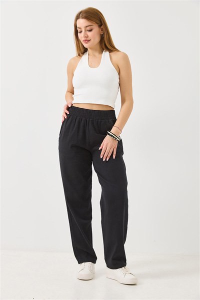 Siyah Beli Lastikli Mom Pantolon