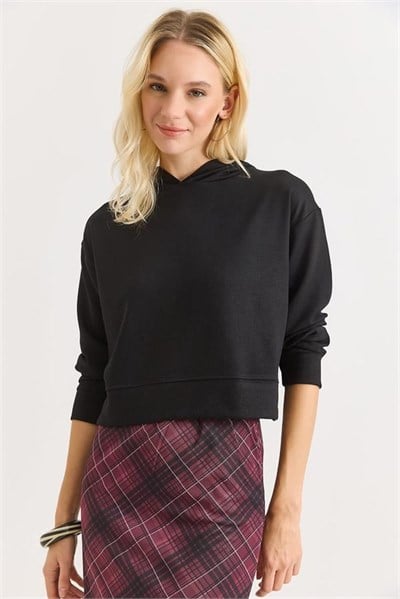 Siyah Kapüşonlu Düz Sweatshirt