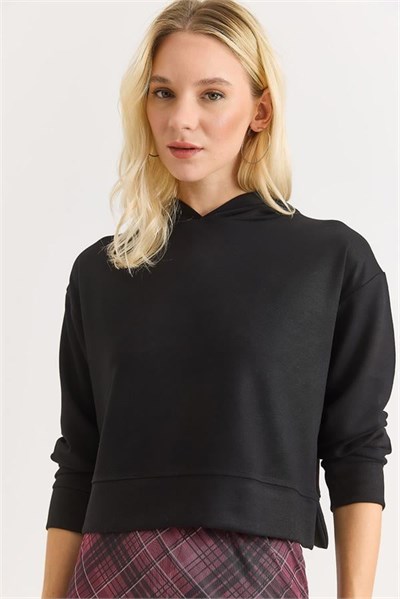 Siyah Kapüşonlu Düz Sweatshirt