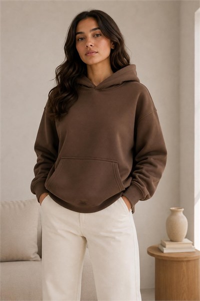 Kahverengi Kapüşonlu Kanguru Cep Sweatshirt