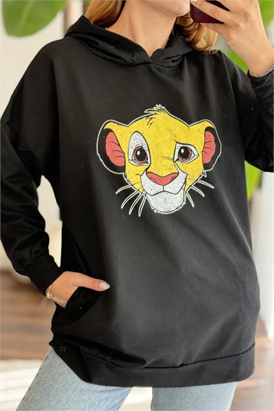 Siyah Baskılı Oversize Kapüşonlu Sweatshirt