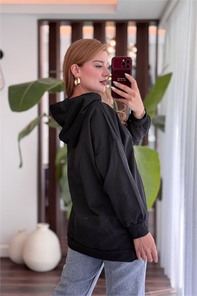 Siyah Baskılı Oversize Kapüşonlu Sweatshirt