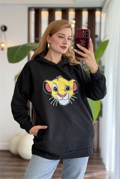 Siyah Baskılı Oversize Kapüşonlu Sweatshirt