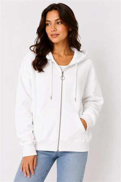 Ekru Fermuarlı Kapüşonlu Sweatshirt