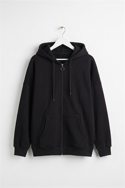 Siyah Fermuarlı Kapüşonlu Sweatshirt