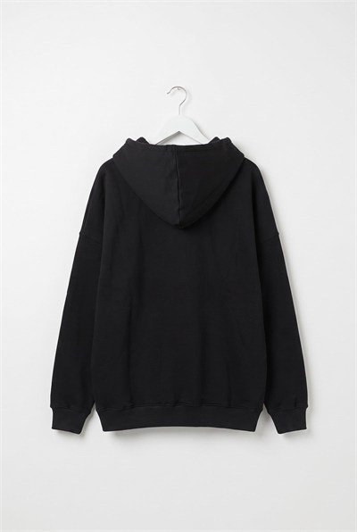 Siyah Fermuarlı Kapüşonlu Sweatshirt