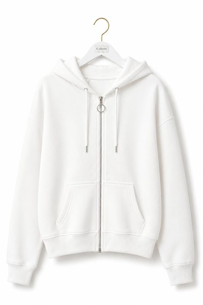 Ekru Fermuarlı Kapüşonlu Sweatshirt