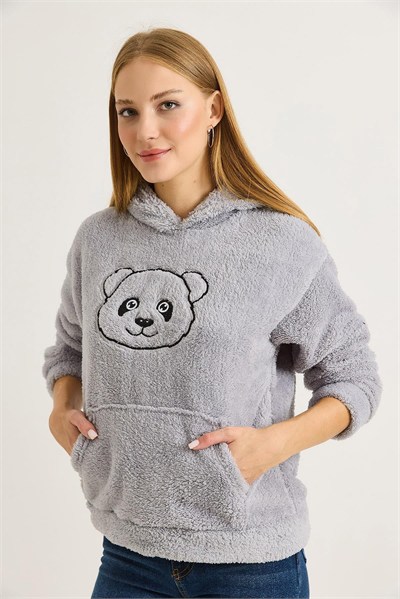 Gri Nakışlı Peluş Sweatshirt