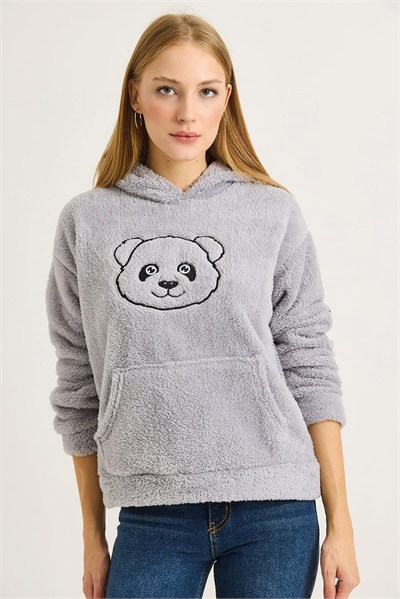 Gri Nakışlı Peluş Sweatshirt