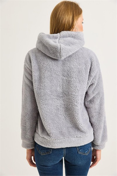 Gri Nakışlı Peluş Sweatshirt