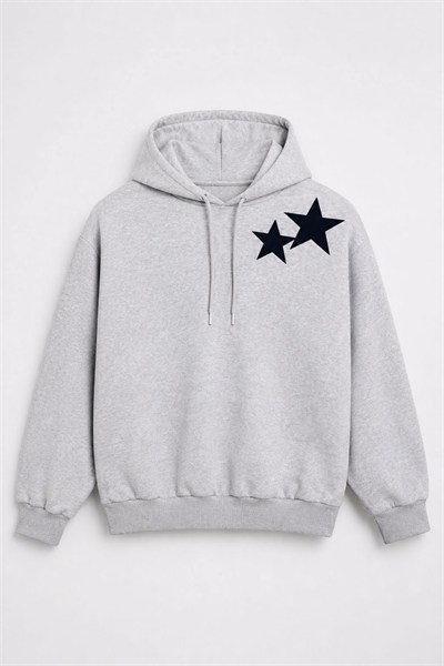 Gri Yıldız Baskılı Kapüşonlu Sweatshirt