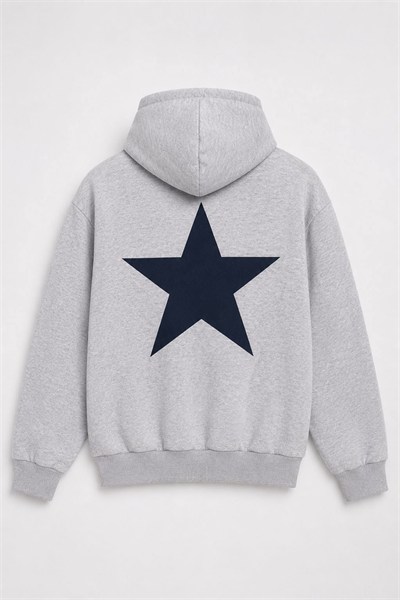 Gri Yıldız Baskılı Kapüşonlu Sweatshirt