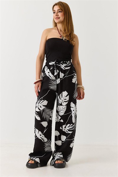 Siyah Yaprak Desenli Bağcıklı Pantolon
