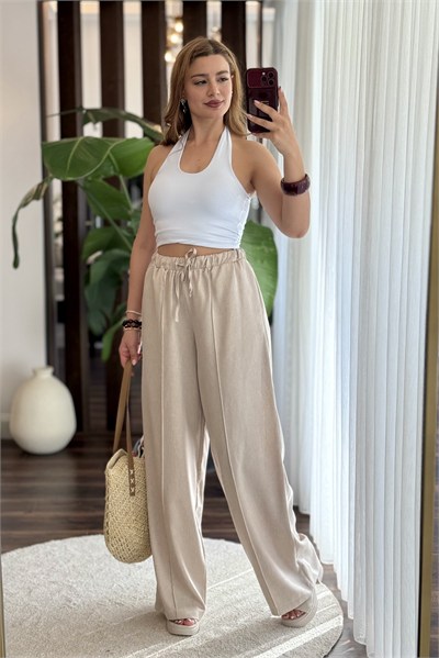 Krem Keten Bol Paça Pantolon