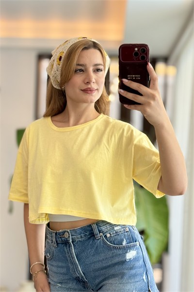 Sarı Oversize Bisiklet Yaka Tişört