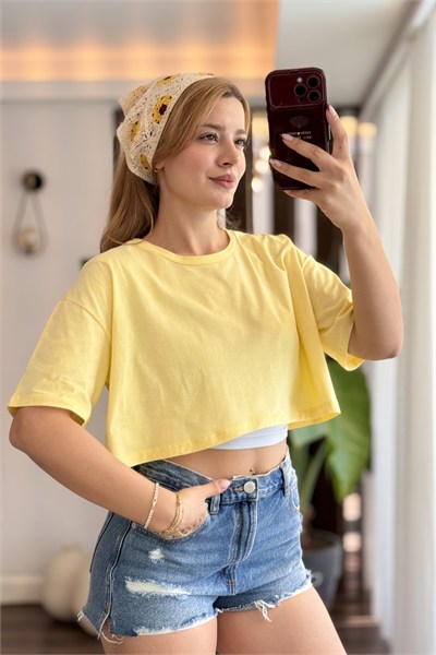 Sarı Oversize Bisiklet Yaka Tişört
