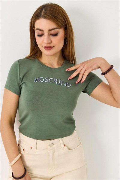 Yeşil Taş Detaylı Crop Bluz