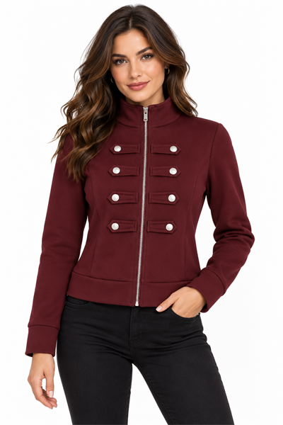 Bordo Düğme Detaylı Fermuarlı Sweatshirt