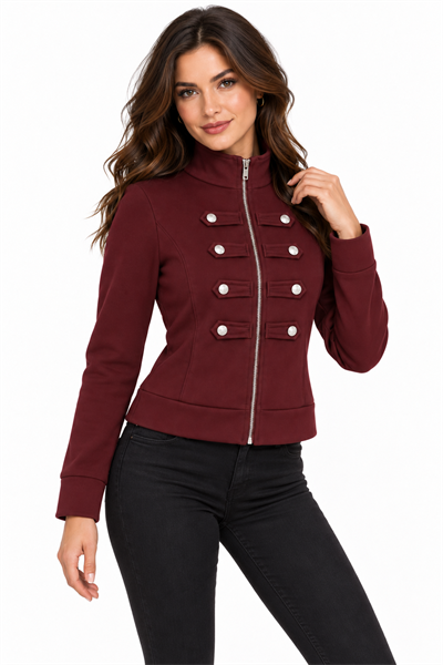 Bordo Düğme Detaylı Fermuarlı Sweatshirt