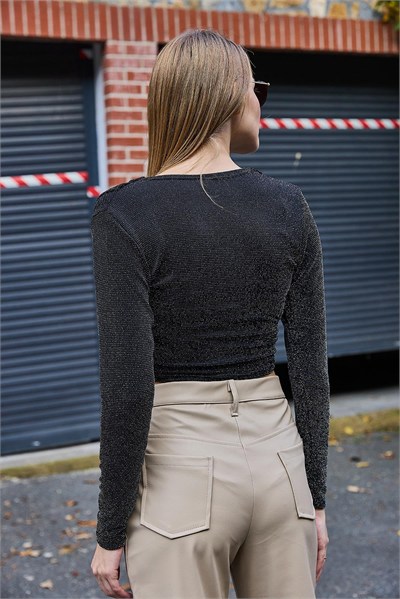 Siyah Kruvaze Simli Crop Bluz