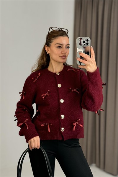 Bordo Kurdeleli Gold Düğmeli Hırka