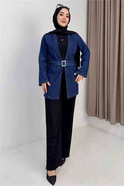 Lacivert Kuşaklı Kot Kimono