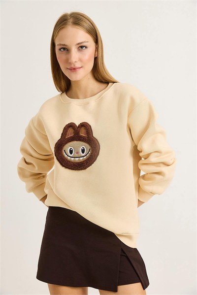 Bej Labubu İşlemeli Sweatshirt