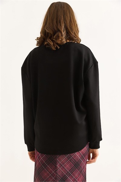 Siyah Yazı Baskılı Modal Sweatshirt