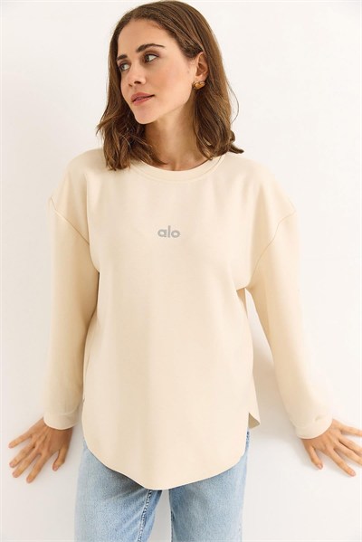 Bej Yazı Baskılı Sweatshirt