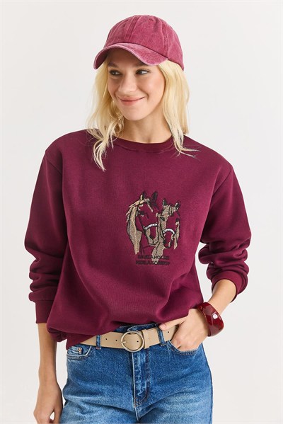 Bordo Nakışlı Üç İplik Sweatshirt