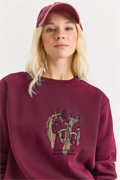 Bordo Nakışlı Üç İplik Sweatshirt