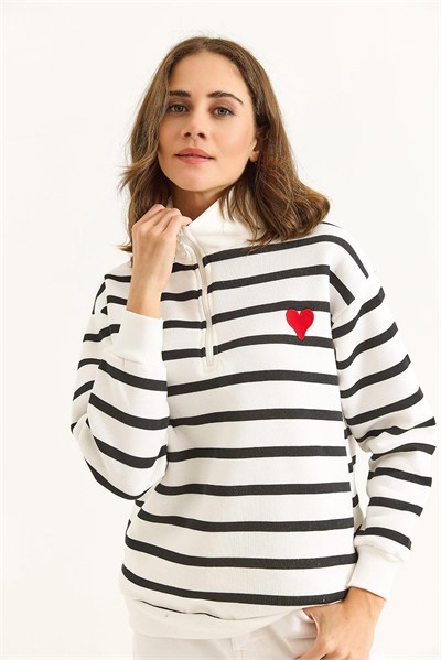 Siyah Beyaz Çizgili Fermuarlı Sweatshirt