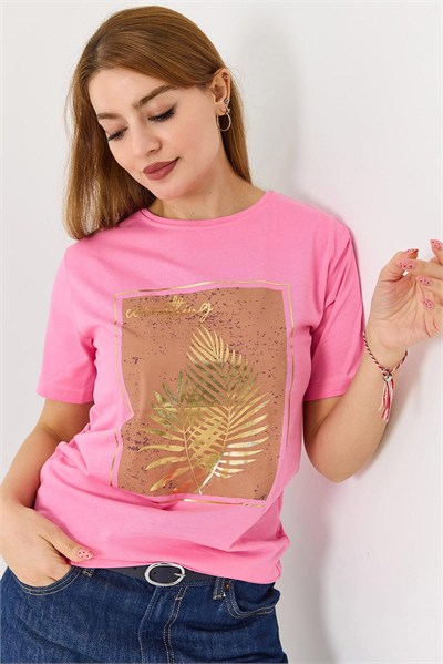Pembe Palmiye Baskılı Tişört