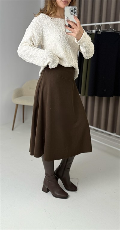 Kahverengi Selanik Lastikli Midi Etek