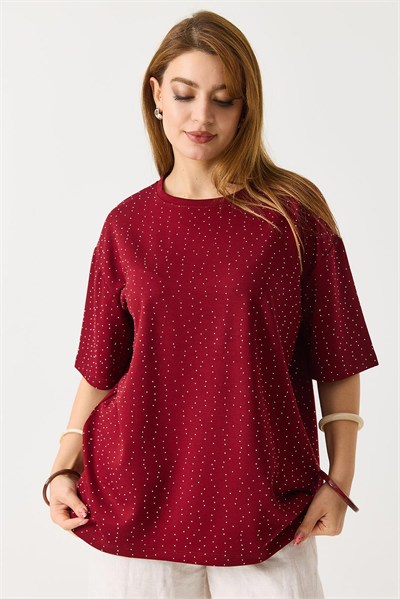 Bordo Taş Detaylı Oversize Tişört