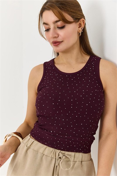 Bordo Taş Detaylı Kaşkorse Bluz