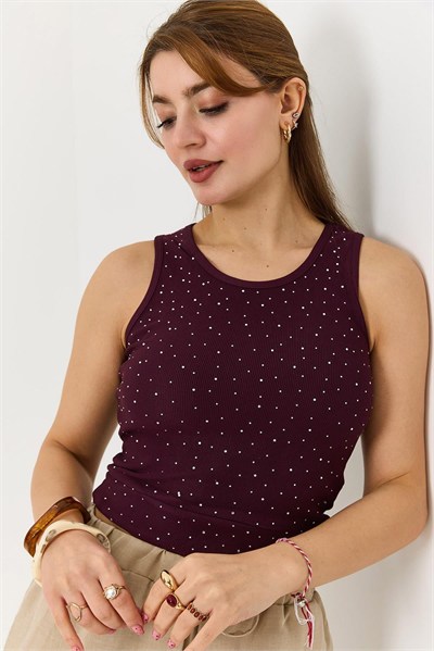 Bordo Taş Detaylı Kaşkorse Bluz